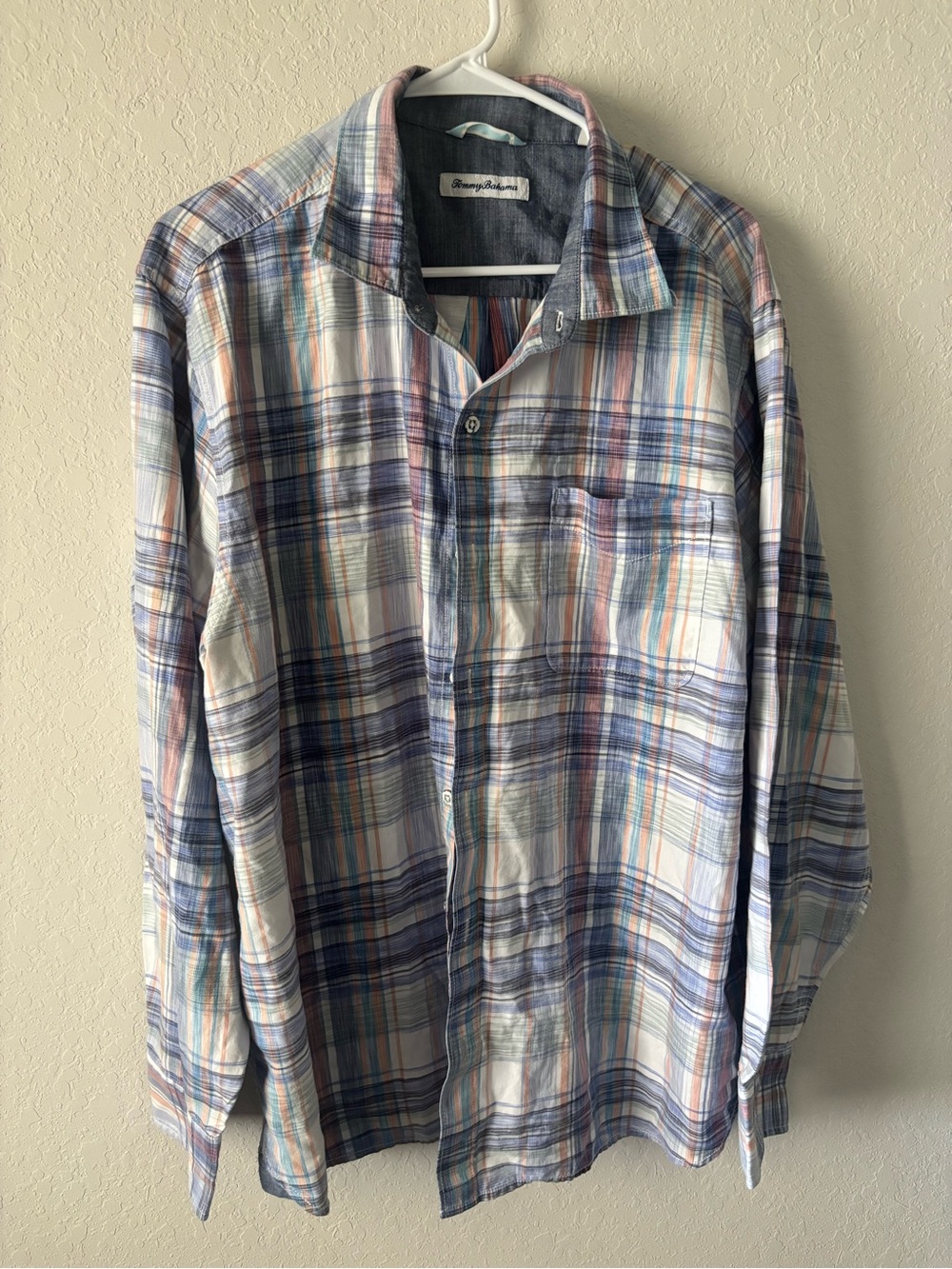 Tommy Bahama Plaid Shirt Men’s XL Blue Pink Orange Cotton Lyocell Long Sleeve